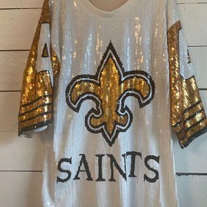 New Orleans Saints Sequin Ladies White and Gold Jersey Dress, New Orleans Attire